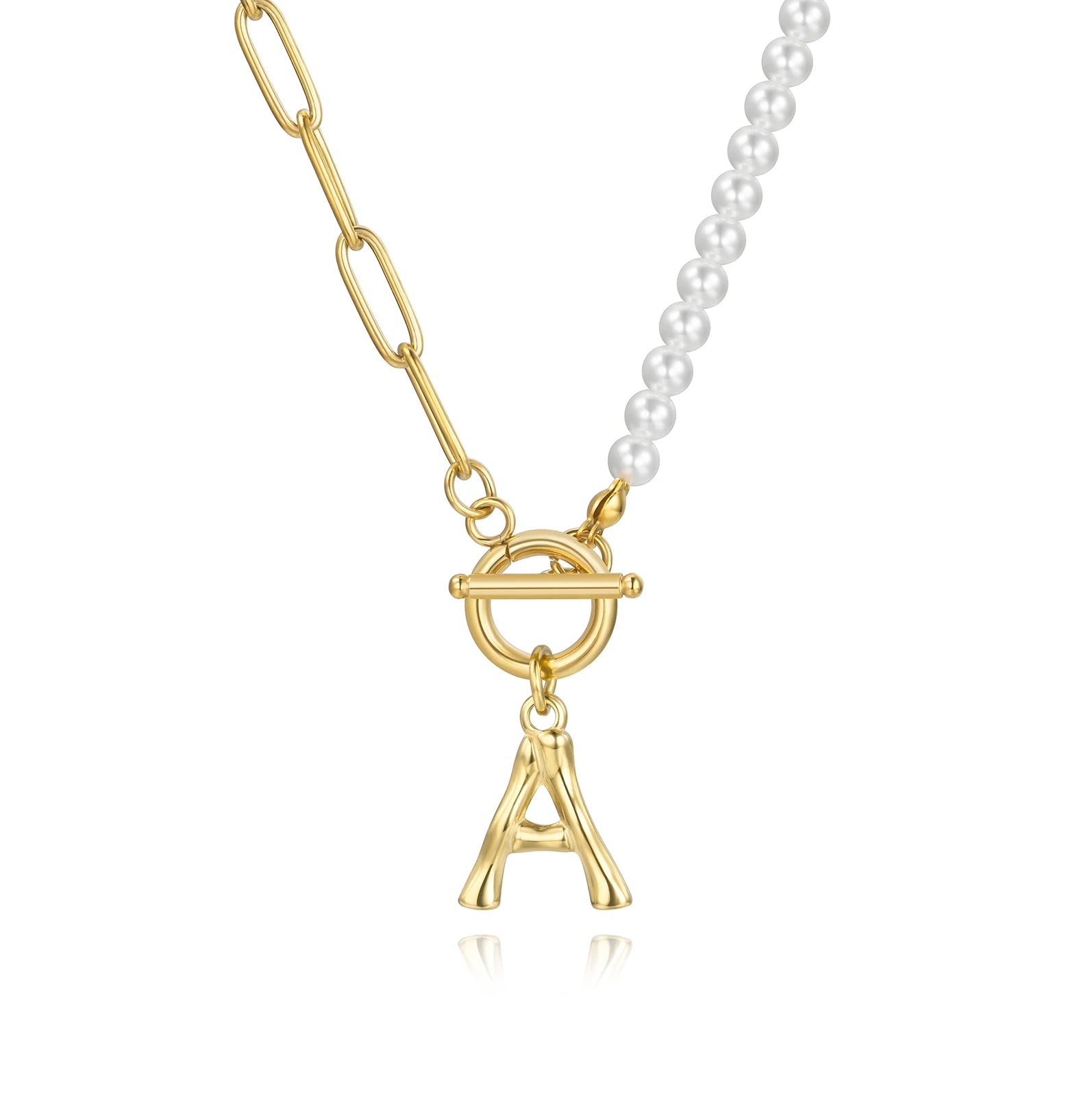 Loftily OT Buckle 14k Gold-Plated Stainless Steel Necklace With Splicing Paperclip Chain Pearl 26 Initial Letter Weddings Gifts
