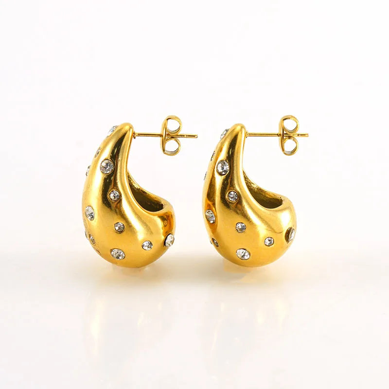 Chunky 18K Gold Plated Tear Drop Punk Earrings Stainless Steel Jewelry Hollow Zirconia Waterdrop Stud Earrings