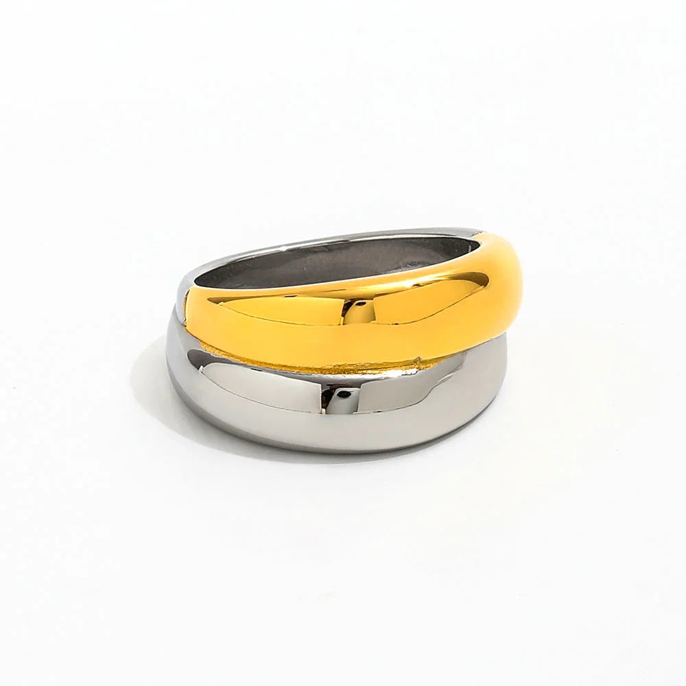 Joolim High End 18K Gold Plated Two-tone Gold & Silver Joint Double-layer Cambered Ring for Women Finger Ring Wholesale