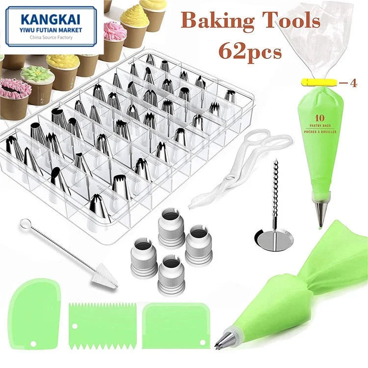 62pcs Kitchen Flower Cupcake Decorating Piping Nozzles Cake Piping Tips Eco-Friendly Food Contact Safe Stainless Steel Baking