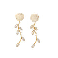 Retro French Style Stainless Steel 18K White Rose Long Leaf Zircon Tassel Earrings for Women Wedding Party