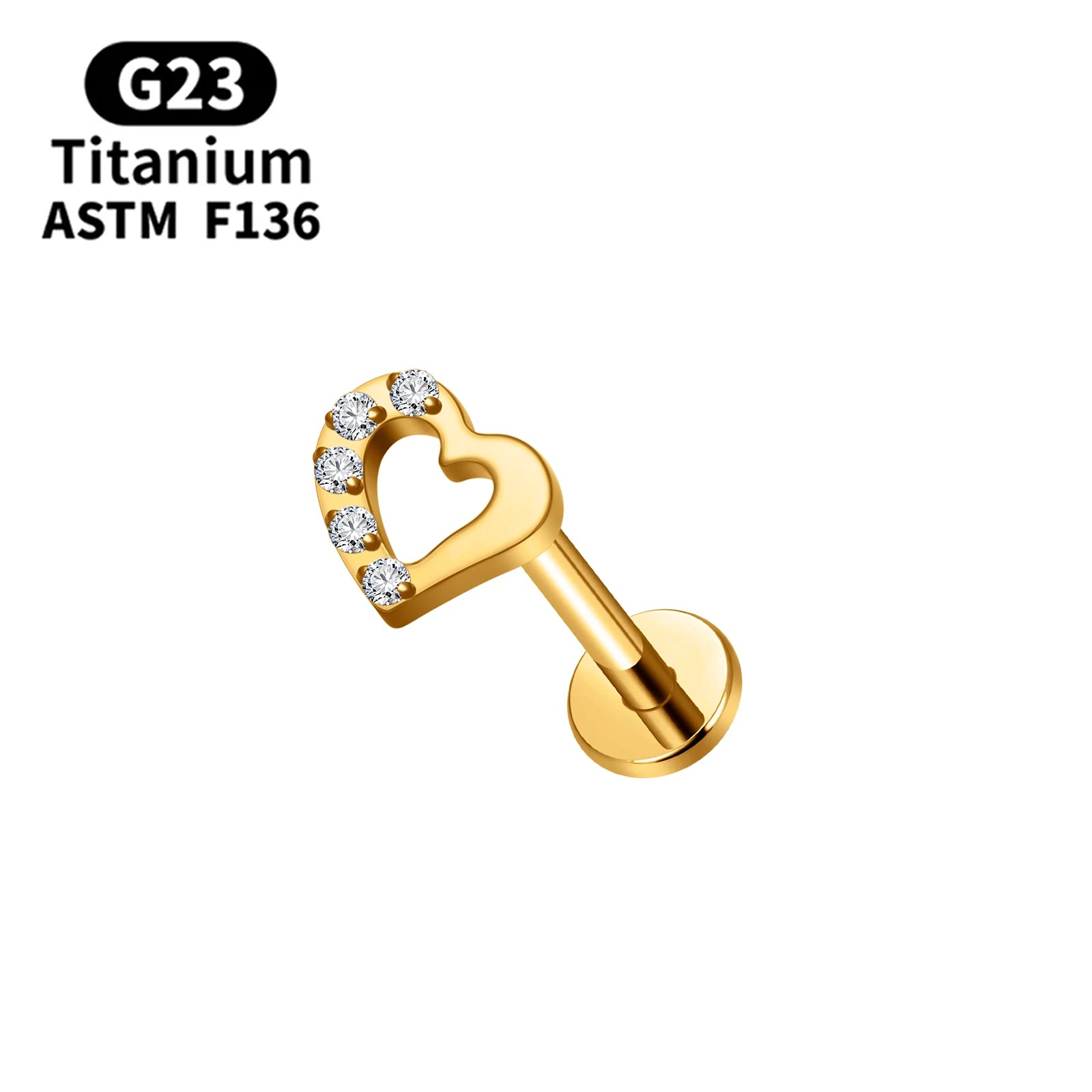 G23 Titanium Stud Ear 16G Heart Zircon Fashion Earrings Plug in Stud Fashion Labret Lip Helix Tragus Cartilage Women Jewelry