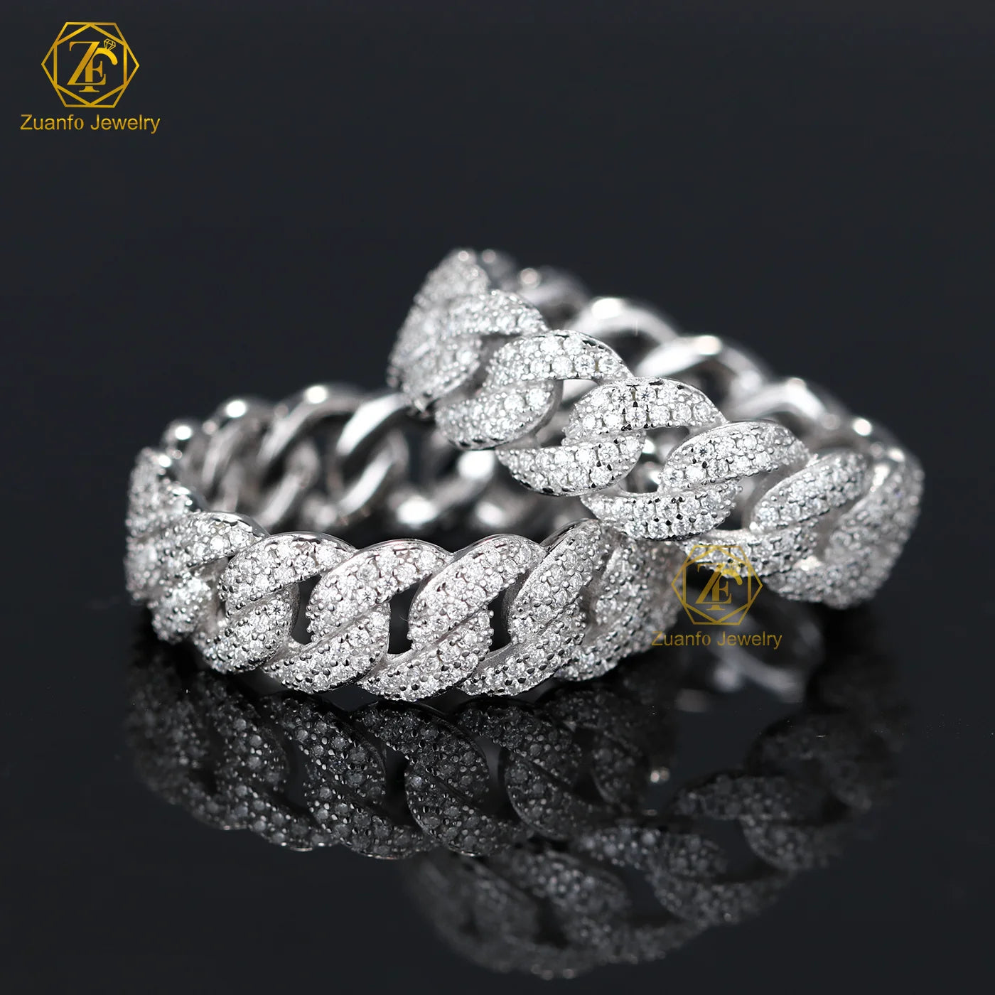 Wholesale 925 Silver Moissanite Jewelry Factory Price In-Stock 2 Row Diamond Cuban Rings Iced Hip Hop Moissanite Ring