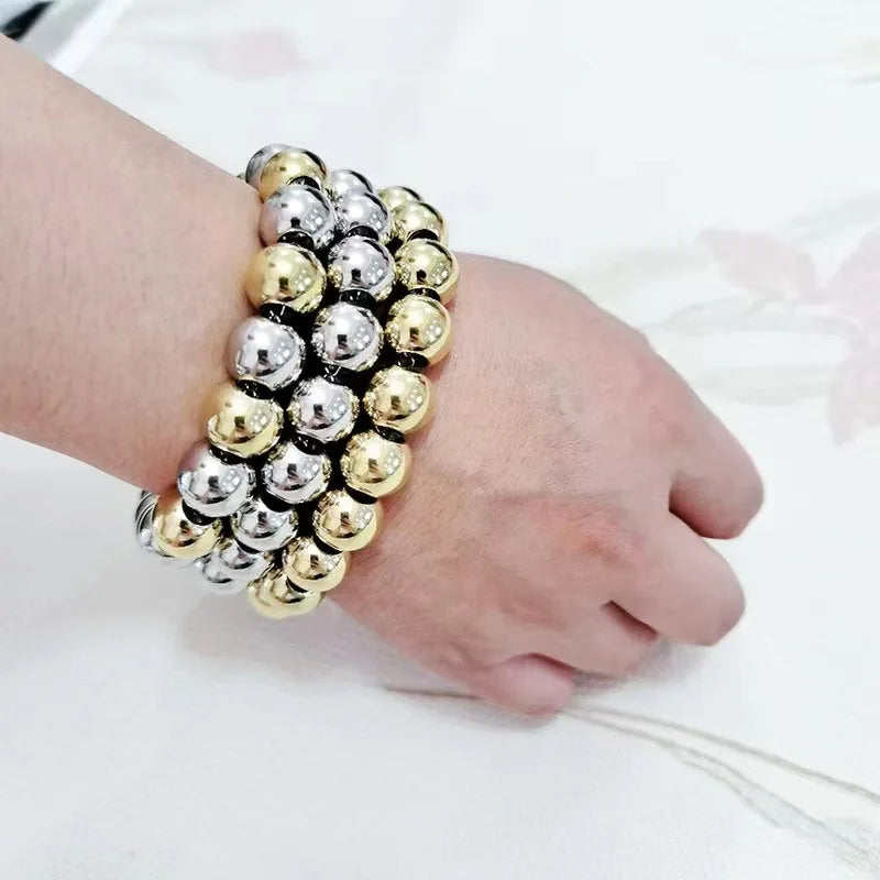 PVD 18K Gold Plated Stainless Steel Waterproof Jewelry Stackable Adjustable Elastic Stretch 10 12 14mm Big Beaded Bracelets Gift