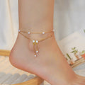 MC275 Wholesale Stainless Steel 18K Gold Plated Double Layers Anklet Fashion Pearl Butterfly Pendant Shell Foot Chain for Women