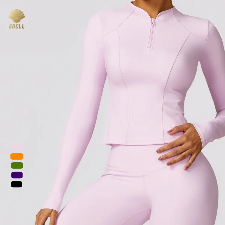Luluxixiyaya 3D Stitch Roller Line Long Sleeve Half Zip up Body Control Tight FIt Sports Gym Top Heavy Weight Blank T Shirt