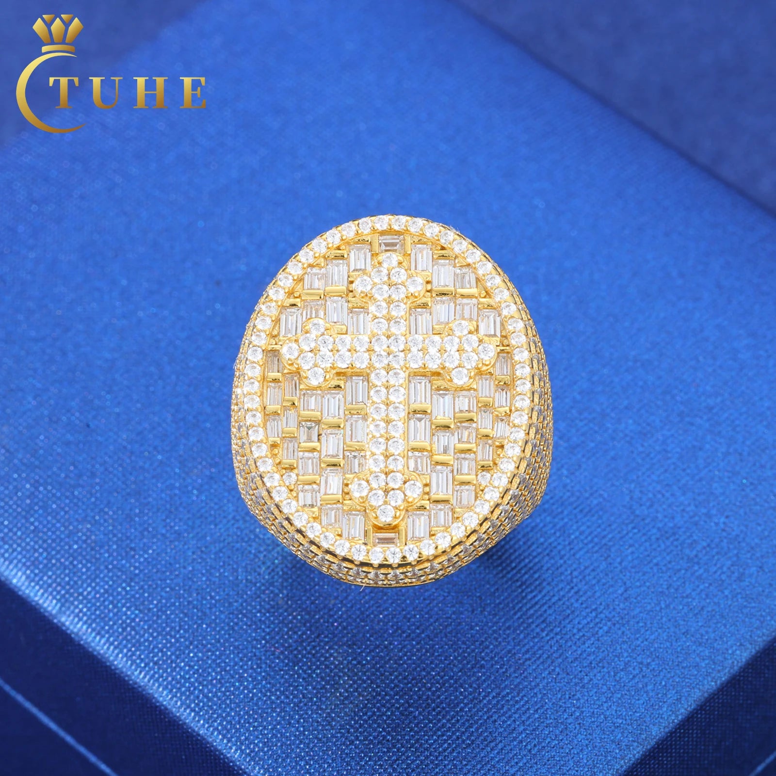 925 Silver Iced Out Oval Shape Finger Ring Paved VVS Baguette Moissanite Diamond Mens Gift Hip Hop Cross Jewelry