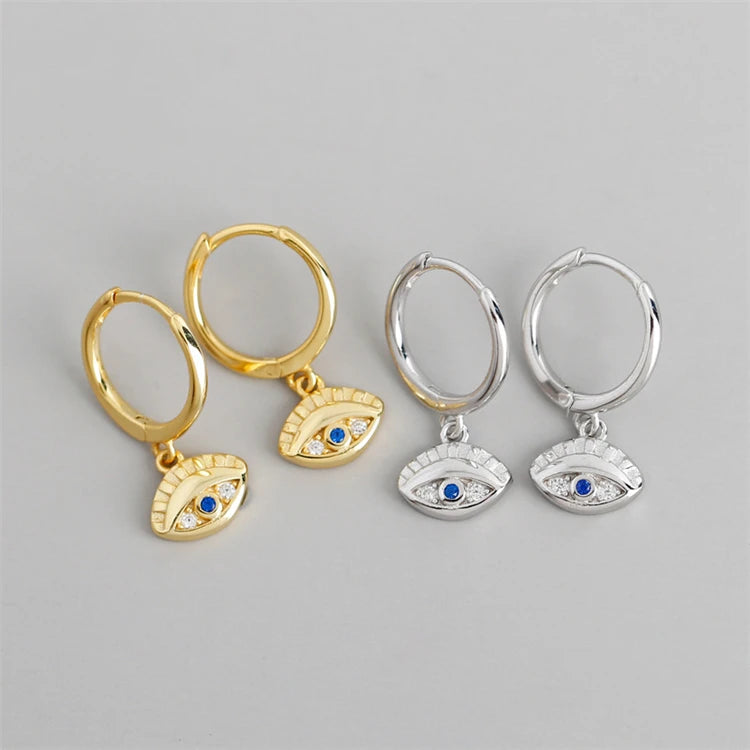 New Trendy Gold Plated Evil Eye 925 Sterling Silver Retro Blue Eyes Huggie Hoop Earrings for Women