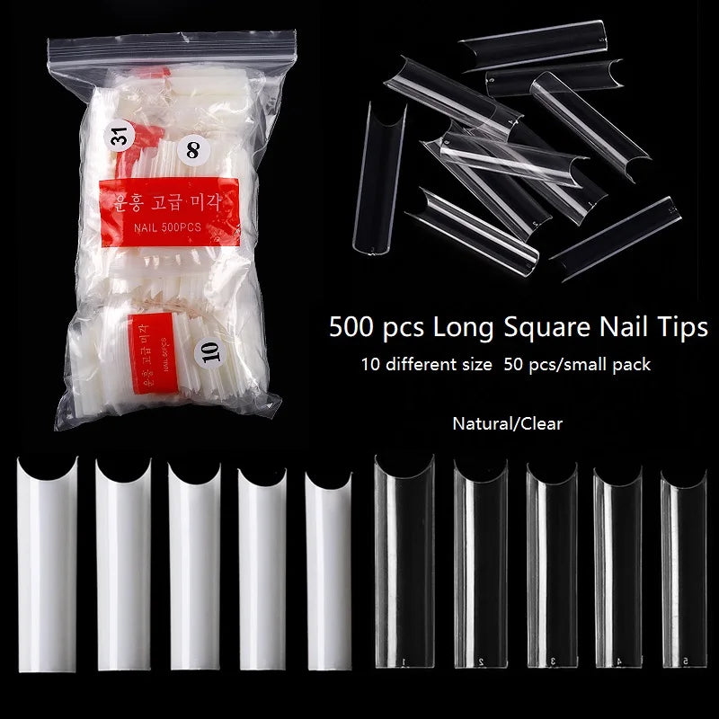 Misscheering Long Water Pipe Curved C Shape 500 Pcs clear Natural Color Salon False Tips Long square Nail Art Tips MegaBDM