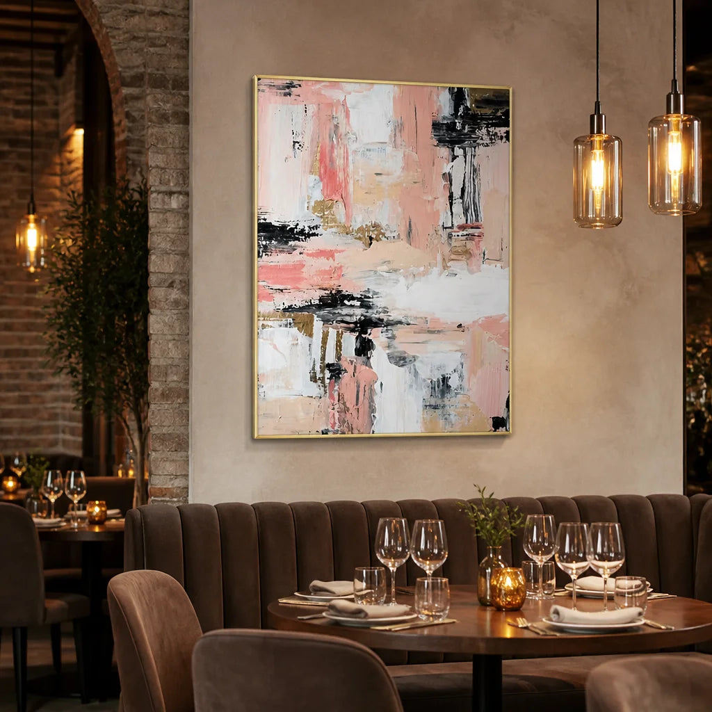 Hand Painted Abstract Oil Painting Blush Pink Gold Texture Vertical Canvas Restaurant Hotel Interior Luxury Wall Art Gift