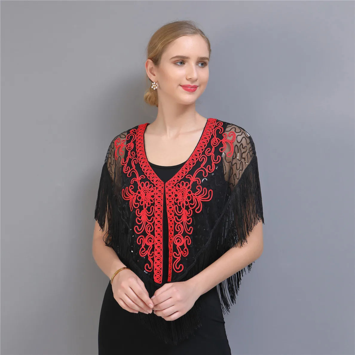Glitter Tassel Shawl Mesh Cardigan Mesh Jacket Tassel Camisole Formal Dress Mesh Sequin Ball Cover