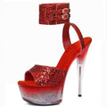 New Red Sequin Thin Heel 15 cm Striptease Shoes Model Show 6-inch Platform Leaky Toe Women's Large Sandals