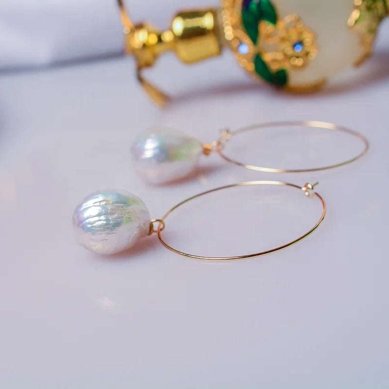 New Style Instagram Simple Large Size Baroque Irregular Real Gold Plated Freshwater Pearl Earrings