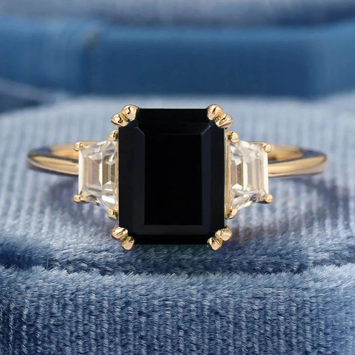 Hot Selling Jewelry Anniversary Vintage Women Bridal Emerald Cut Black Agate Engagement Ring 925 Yellow Gold Moissanite Cz Rings