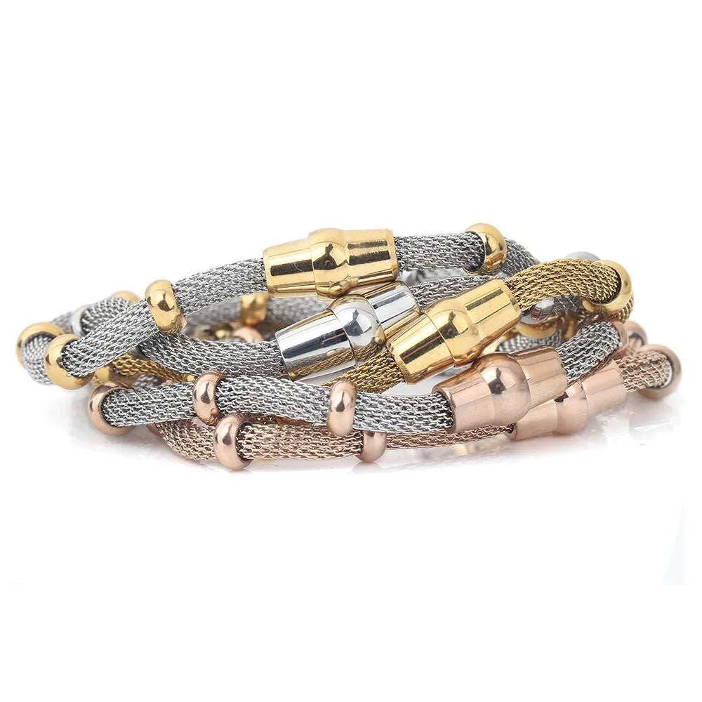 SC Trendy Thick Chain Bracelet Magnetic Lock Soft Net Chain Beads Bracelet  Stainless Steel Rose Gold Ball Beads Chain Bracelet