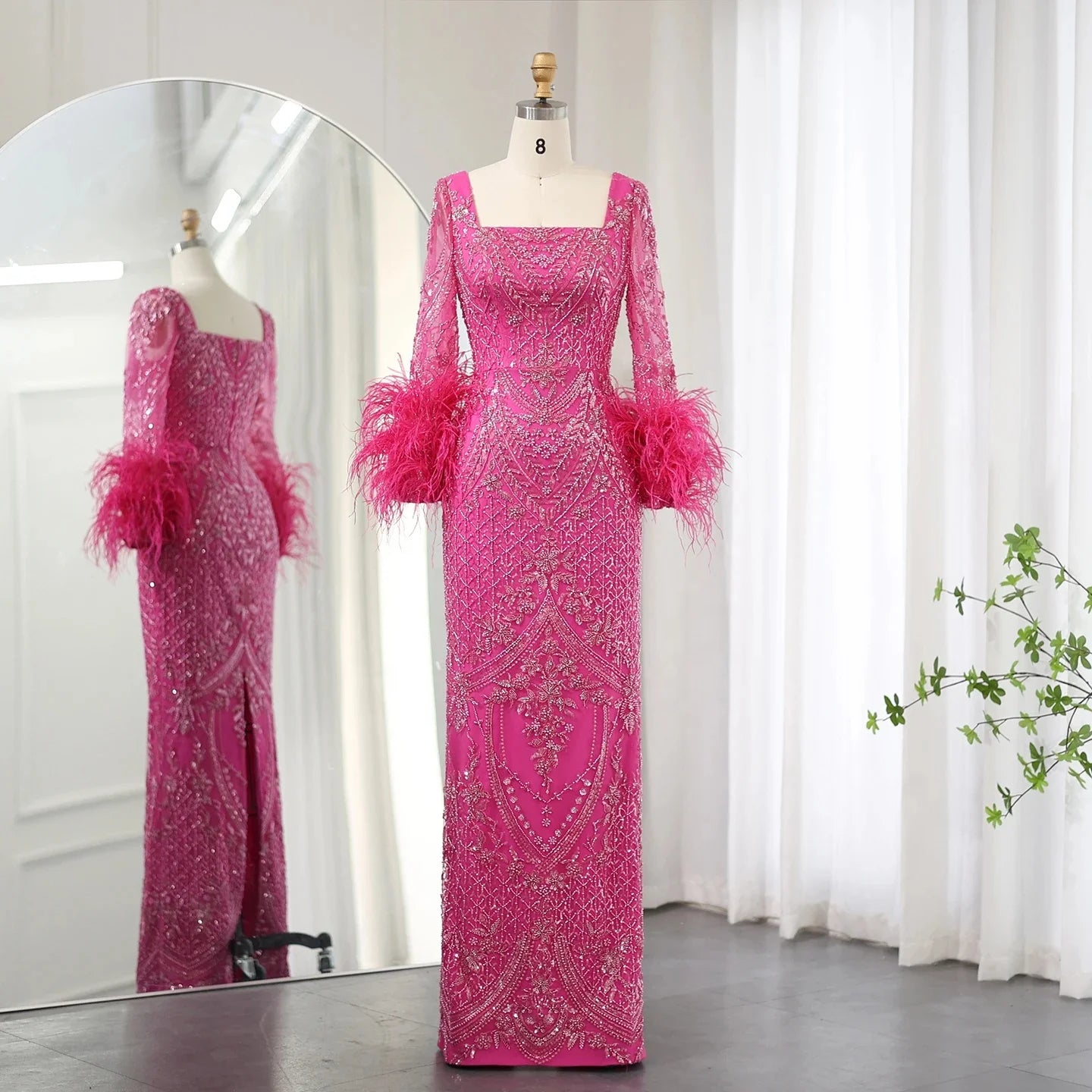 Jancember SZ239 Elegant Long Sleeve Feather Fuchsia Mermaid Prom Gowns