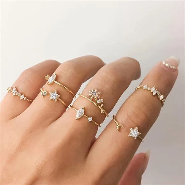 Wholesale Fashion Gold Tiny Zircon Star Retro Ring Set Natural Crystal Rings Set for Women