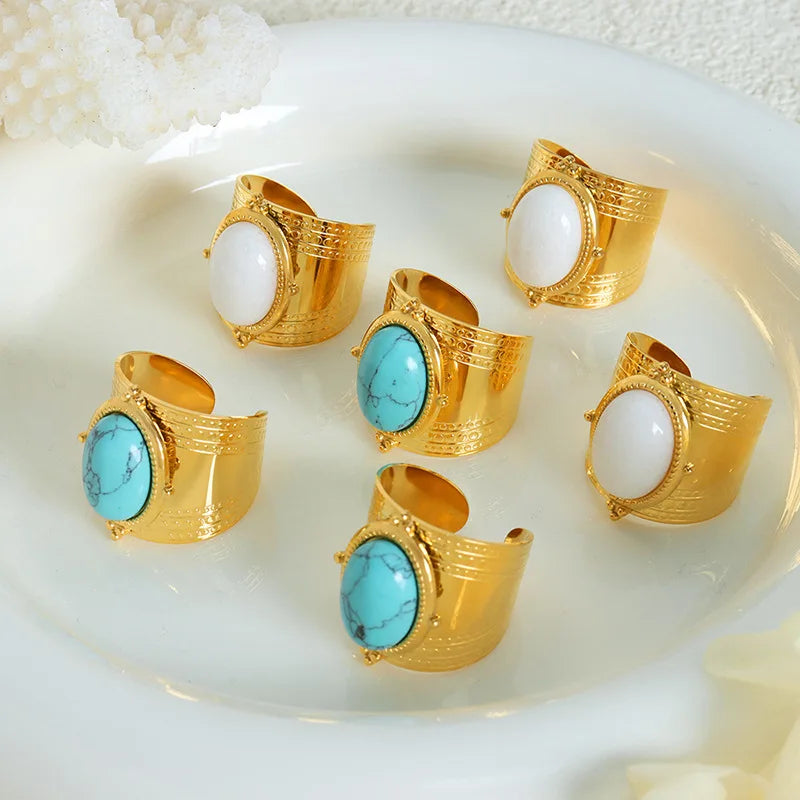 Vintage 18k Pvd Gold Plated Natural Stone White Shell Turquoise Wide Open Ring Stainless Steel Ring Anillos De Acero Inoxidable