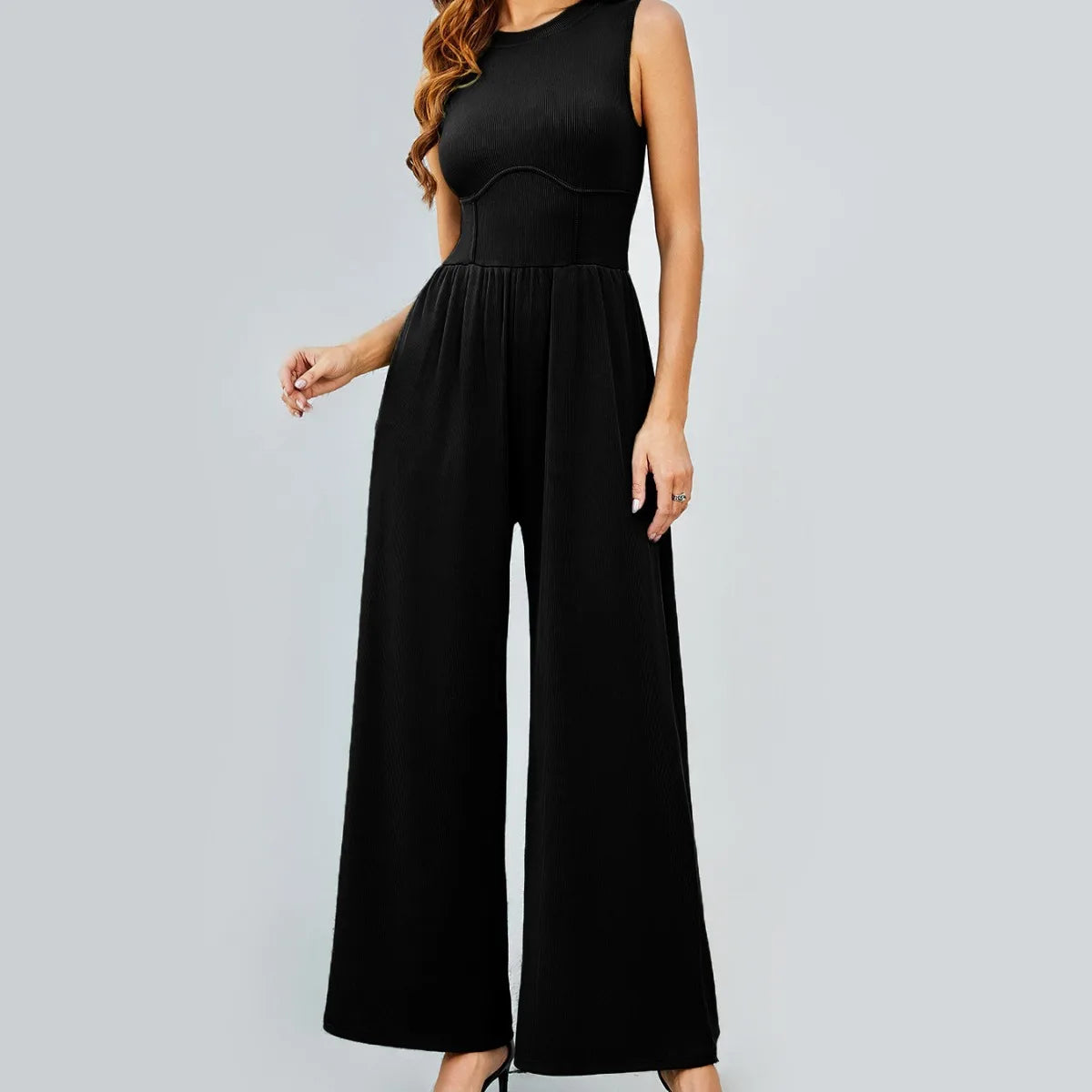 2025 Spring  Autumn Solid Color Vest High-waisted Slimming Jumpsuit Round Neck Wide-leg Straight-leg Women's Clothing Suit