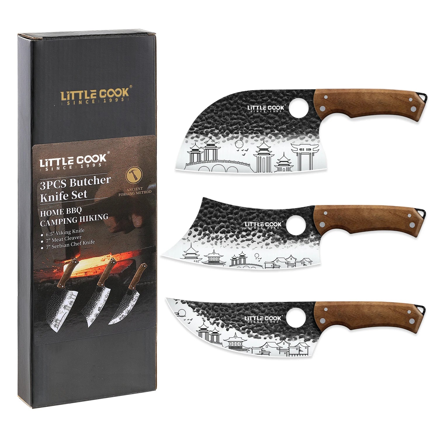 Kitchen Knife Set with Wood Handle Including 7" Meat Cleaver/7" Serbian Chef Knife and 6.5" Viking Knife Butcher Knife Set
