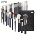Professional 34-Piece Makeup Brush Set Fan Brush Super Soft Synthetic Fiber Luxury Black Silver Wood Handles Private Label for