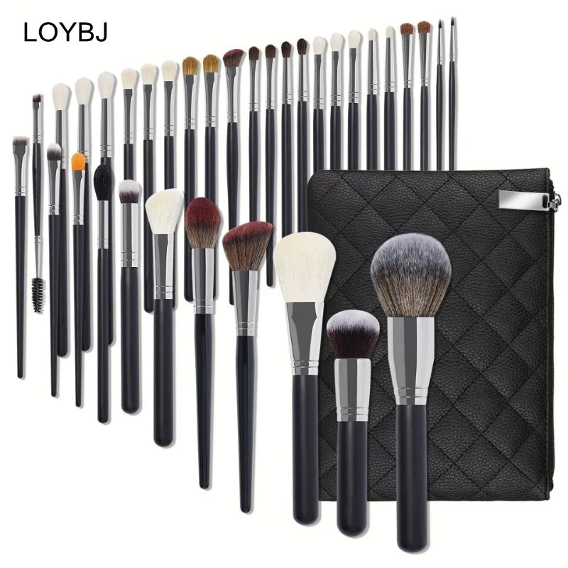 Professional 34-Piece Makeup Brush Set Fan Brush Super Soft Synthetic Fiber Luxury Black Silver Wood Handles Private Label for