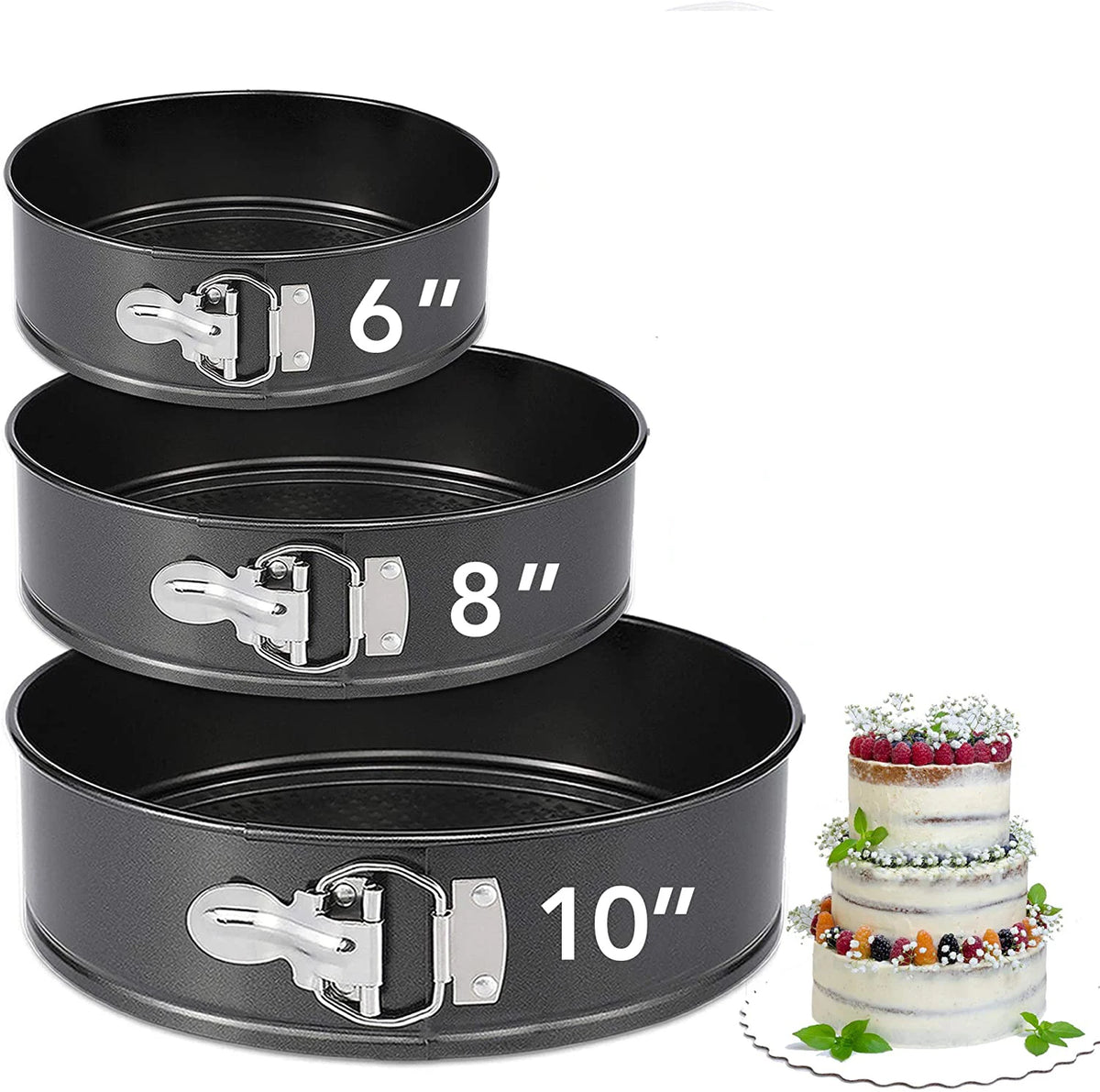 Set 3 Non-Stick Carbon Steel Springform Cake Pans 6" 8" 10" Leakproof PFOA/BPA/PTFE Free Eco-Friendly Dishwasher Safe Home MegaBDM