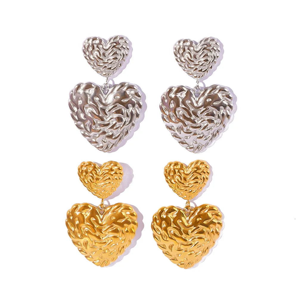 Personality Jewelry Stainless Steel 18K Double Hammered Heart Tassel Earrings Gift for Women Gold Plated Stainless Steel Jewelry