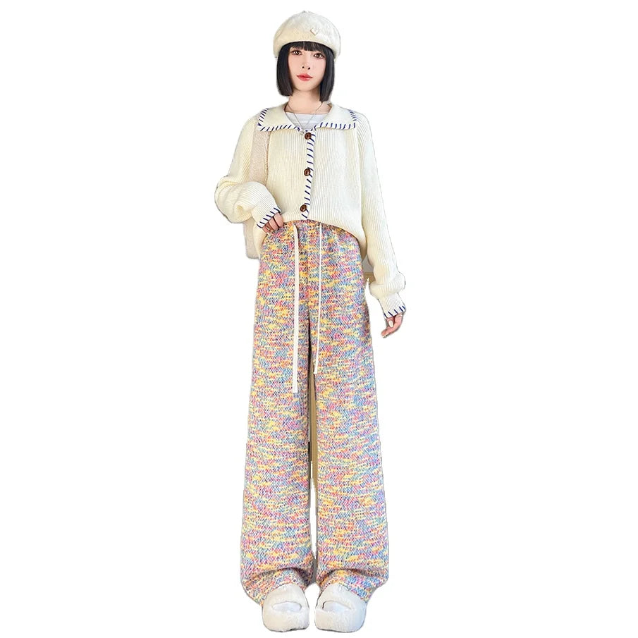 Autumn and Winter Padded Warm Knitted Wide Leg Trousers Casual Loose Colorful Knitted Pants Knitwear Trousers for Women