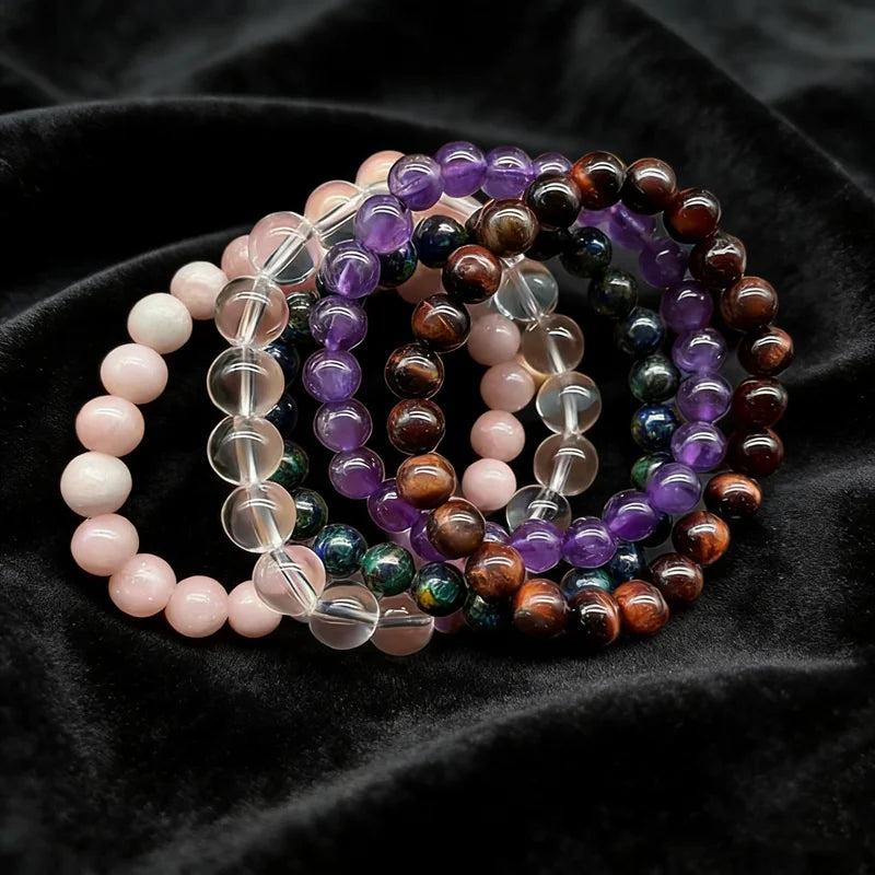 Gemstone Bracelet Amethyst Azurite Clear Quartz Pink Opal Red Tiger's Eye Healing Bracelets for Men and Women 8mm