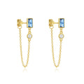 Fashion Earrings Jewelry 925 Sterling Silver square Rectangle Blue Zircon Tassel Chain Gold Plated Stud Earrings for Women
