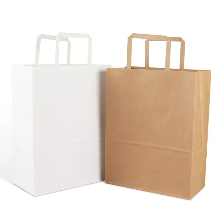 100% Recycled Materials Flexo Printed Kraft Paper Bag for Fast Food Take Away Handles Custom Logo Restaurant Carry Bag Craft