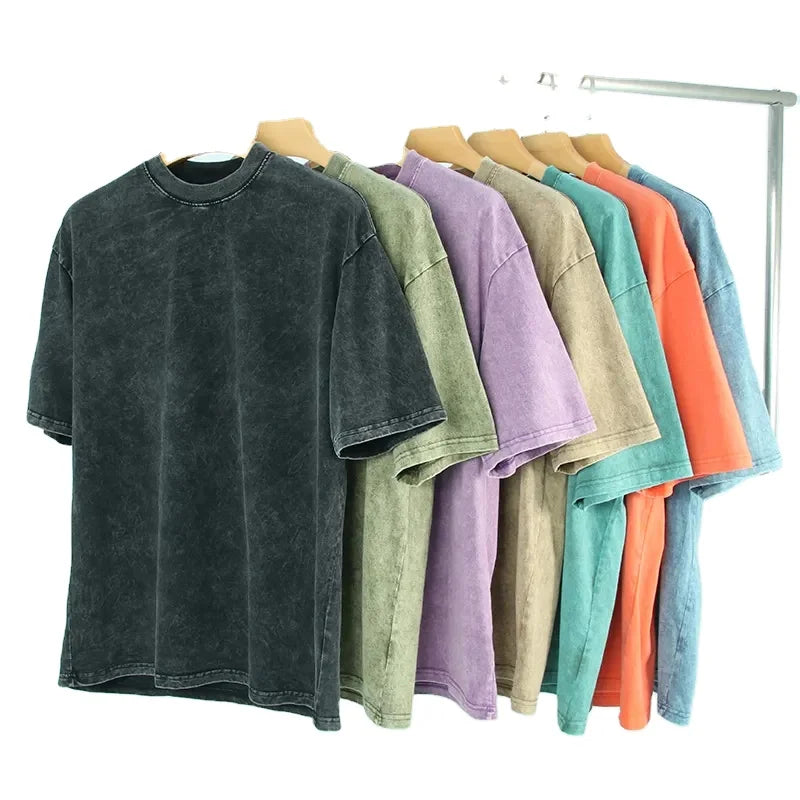 Oversized Acid Wash T-Shirt Low Price Men Vintage Street Black Hip Hop 300 Grams Short Sleeve 100% Cotton Blank