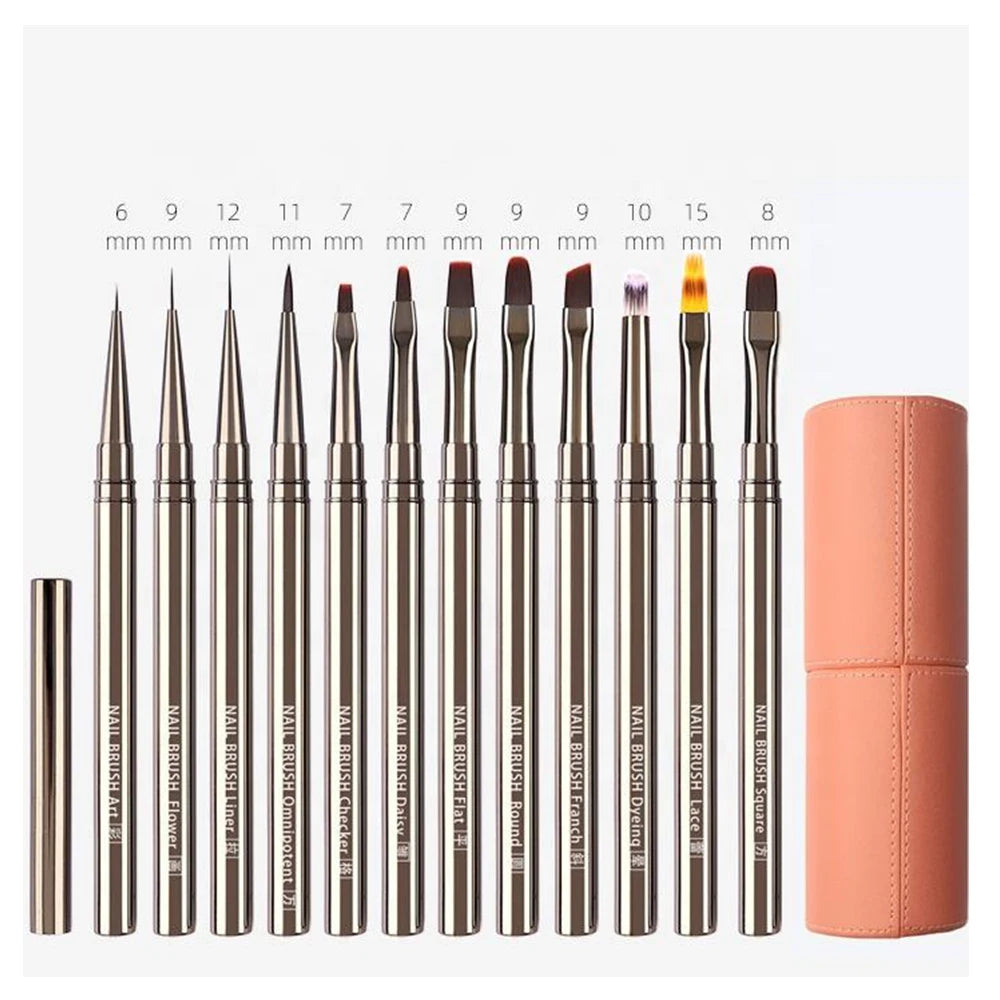 OEM/ODM 12-Piece 3D Manicure Nail Brush Set Silver Metal & Nylon Liner for Nail Polish Salon for Acrylic Nail Art