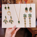 Luxury Bling Super Shiny 18k Gold Plated Emerald Ring Necklaces 925 Sterling Silver Stainless Steel Necklace Earrings Set