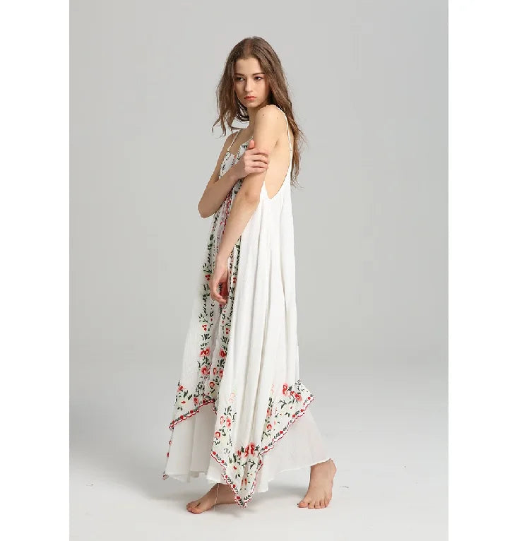 Wholesale New European and American Style Embroidered Cotton-silk Halter-neck Dress with Irregular Hemline at the Bottom