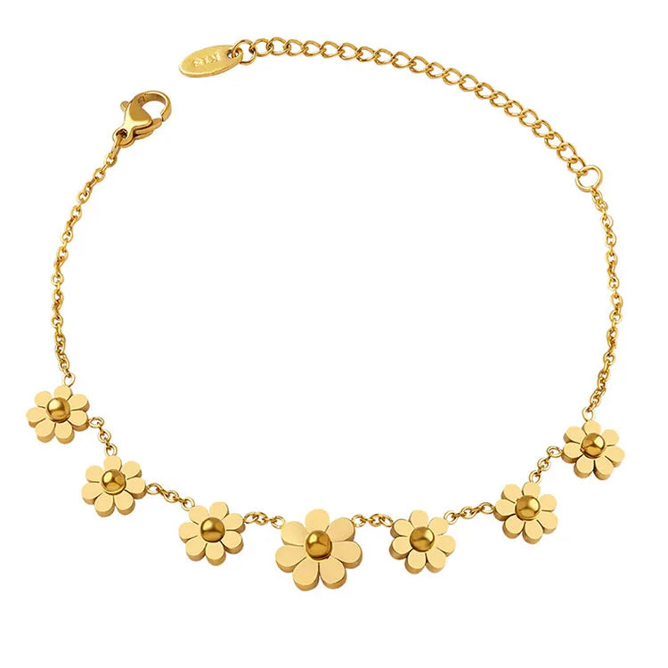 G2011 Hot Selling Chain Bracelets Stainless Steel 18K Gold Plated Daisy Flower Charm Bracelet for Women Jewelry