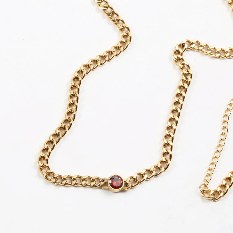 Ins Style Girl Ruby Emerald Green Zirconia Setting Stainless Steel Cuban Link Chain Necklace Bracelet Jewelry Set