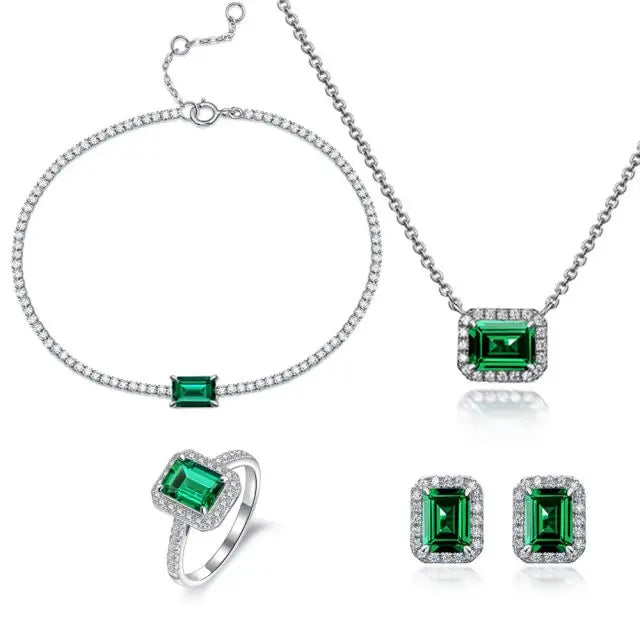 New Lab Created Green Emerald Ring Earring Necklace Sterling Silver Lab Grown Emerald Jewelry Set
