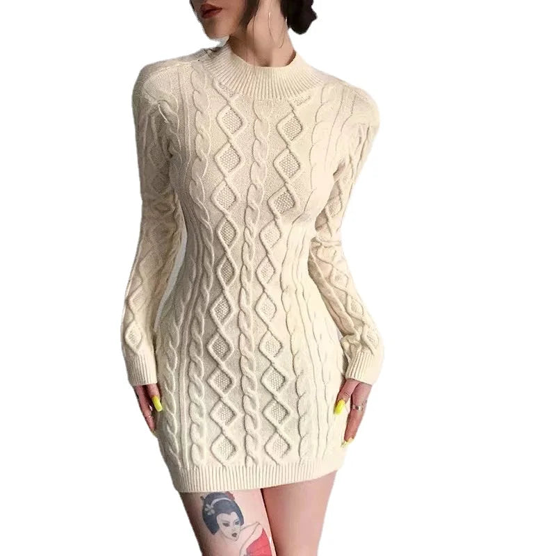 UG New Design Temperament Beautiful Back Knitted Long-sleeved Dress Women Custom Sweater Dress