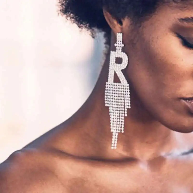 26 Alphabet Rhinestone Tassel Earrings: Exaggerated Design with Sparkling Gemstones Fashion Party Earrings for Women