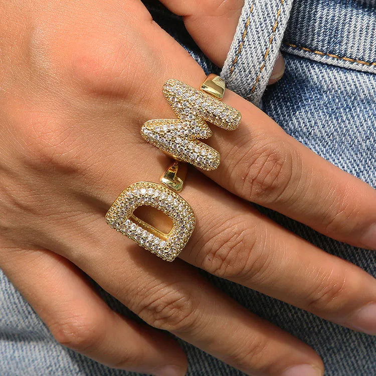 RM1674 Popular Delicate 18k Gold Plated Iced Out Zircon CZ Pave Puffy Bubble Letter Alphabet Initial Adjustable Finger Rings