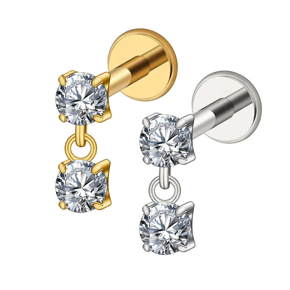 Right Grand ASTM F136 Titanium 16G Double CZ Floating Dangle Tragus Helix Cartilage Stud Internally Threaded Charm Drop Earring