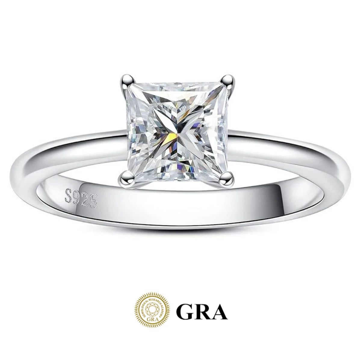 Moissanite 3ct Sterling Silver White Gold Plated 1ct 2ct Classic Solitaire Princess Cut Wedding Moissanite Ring