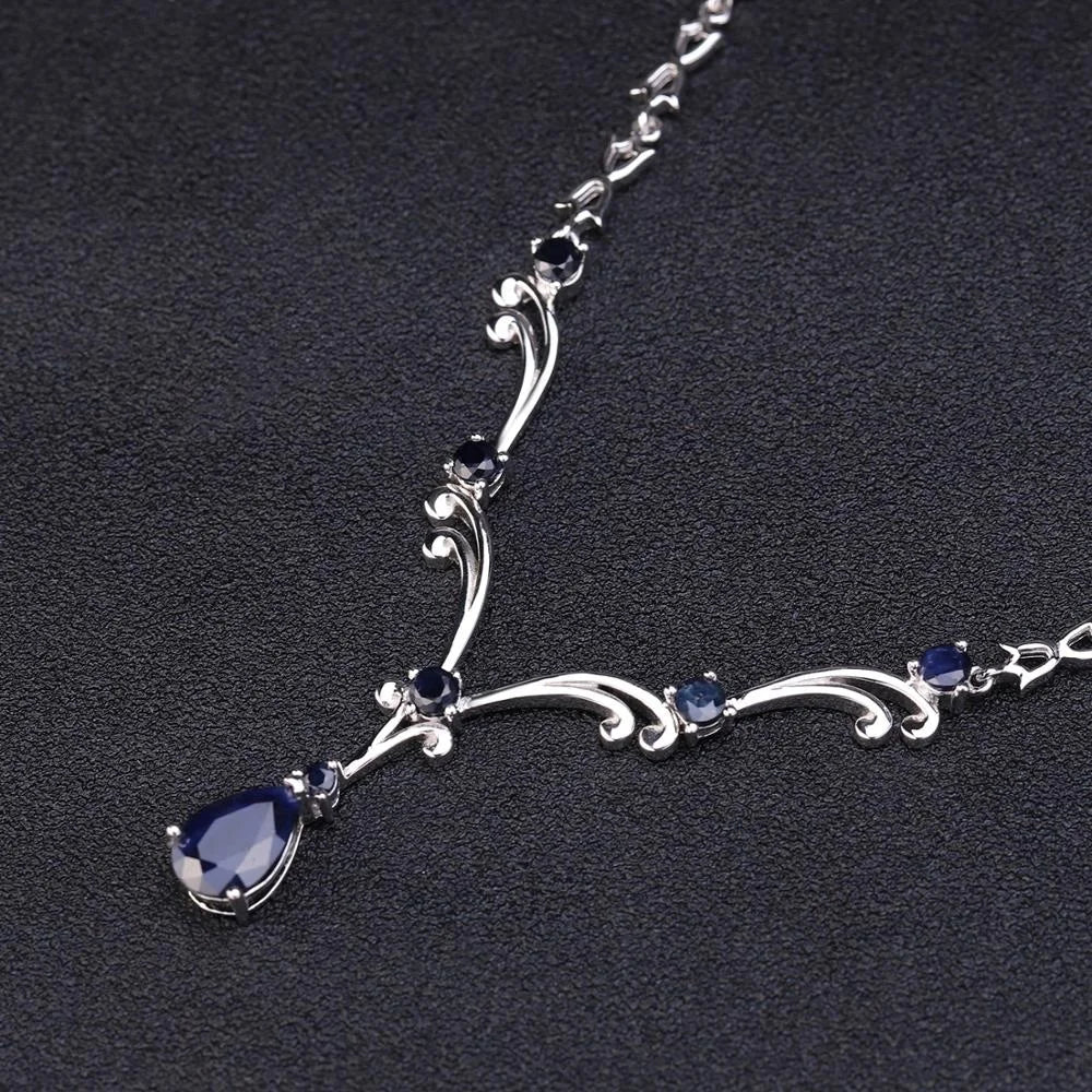 Abiding OEM ODM 925 Silver Necklace Natural Diffusion Blue Sapphire Gemstone Women Sterling Silver Spoondrift Necklace
