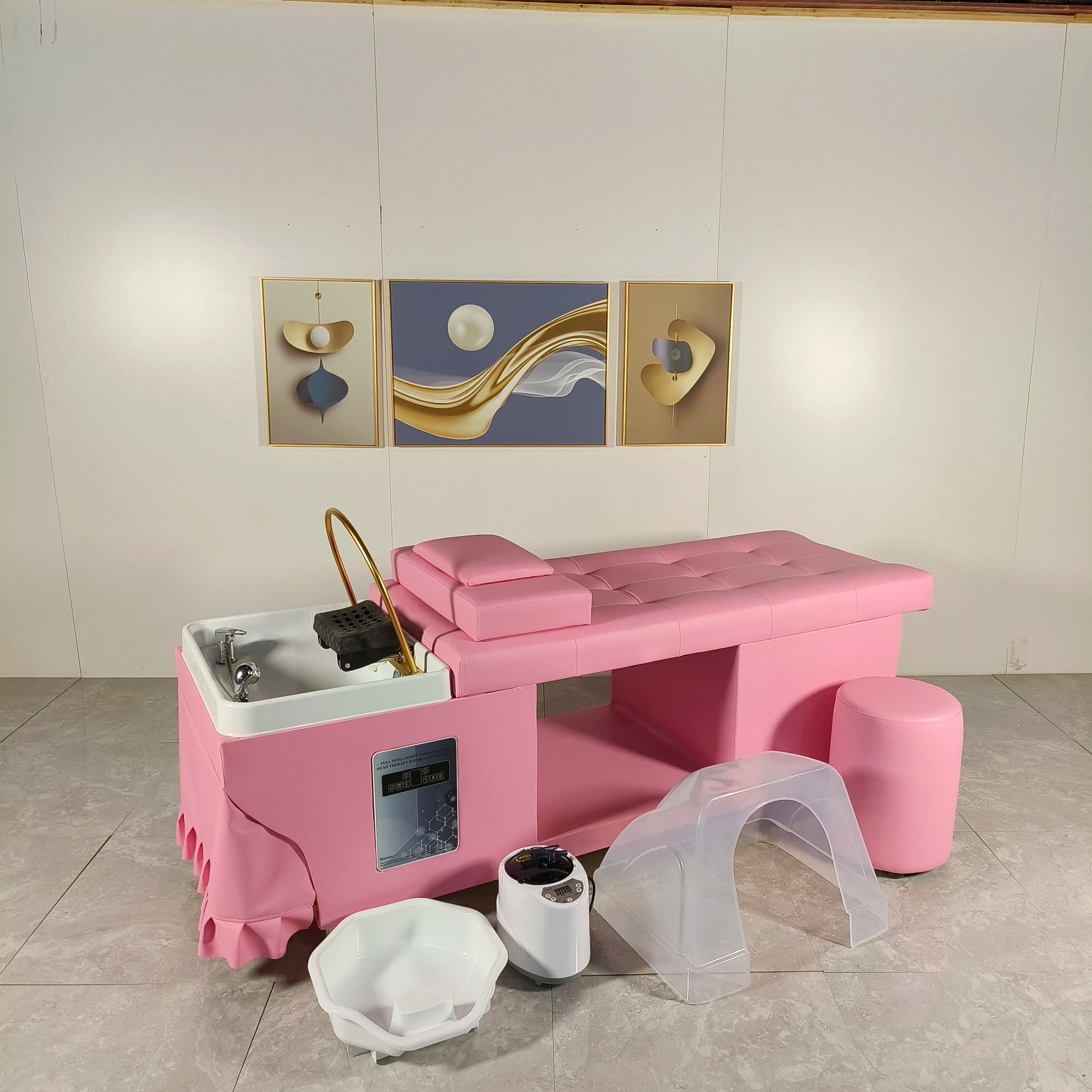 Kisen Hot Sale Pink PU Leather Hair Washing Massage Chair Lay Down Table Shampoo Bed for Hair Beauty Salon Thai Style