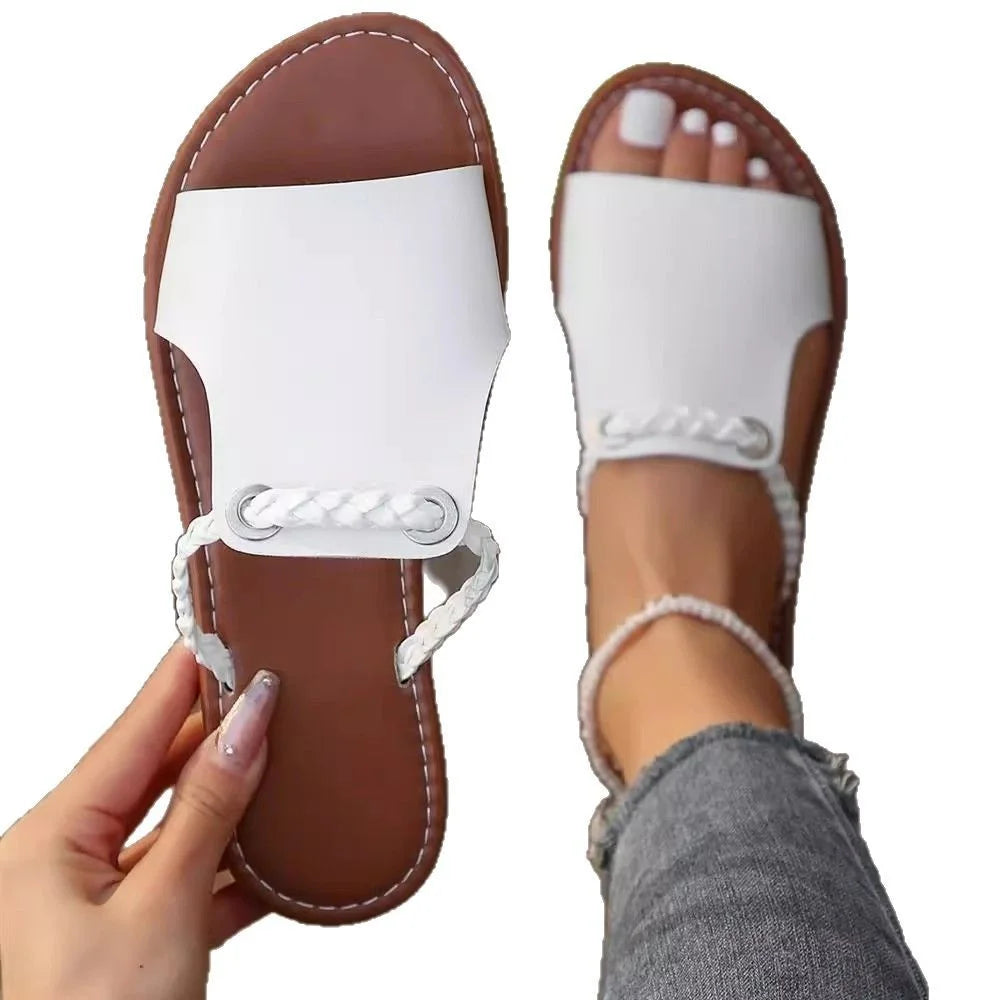 2025 Women's Summer New One-Word Flat Slippers Daily Beach Slippers Plus Size Foreign Trade Woven Solid Color for Girls
