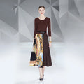 Women's New Fashion Chiffon Autumn Long Sleeve Printed Pleated Ruched Natural Waist Crew Neck Elegant Casual Bohemian