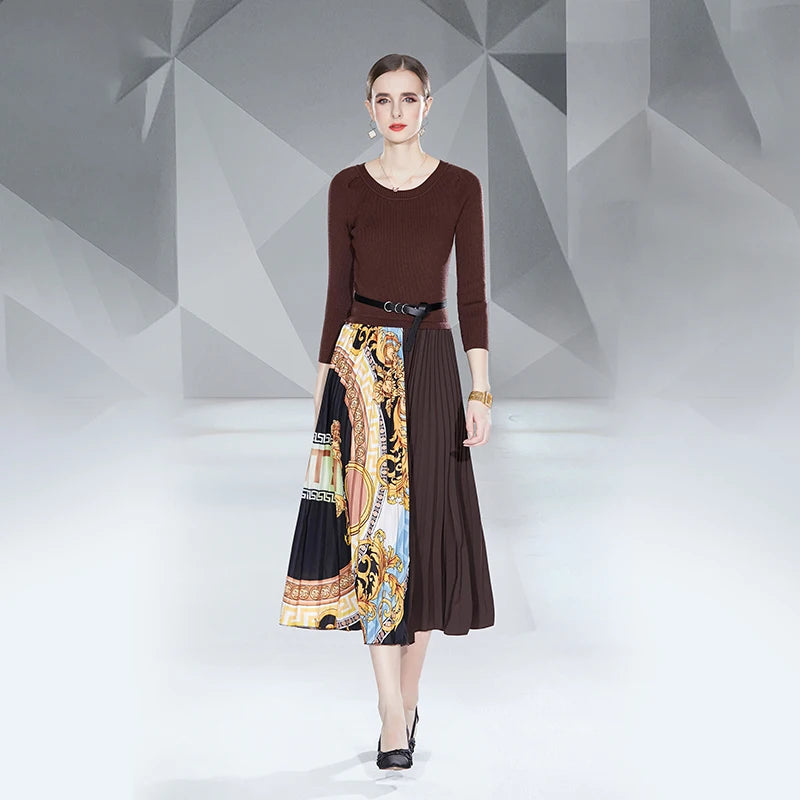 Women's New Fashion Chiffon Autumn Long Sleeve Printed Pleated Ruched Natural Waist Crew Neck Elegant Casual Bohemian
