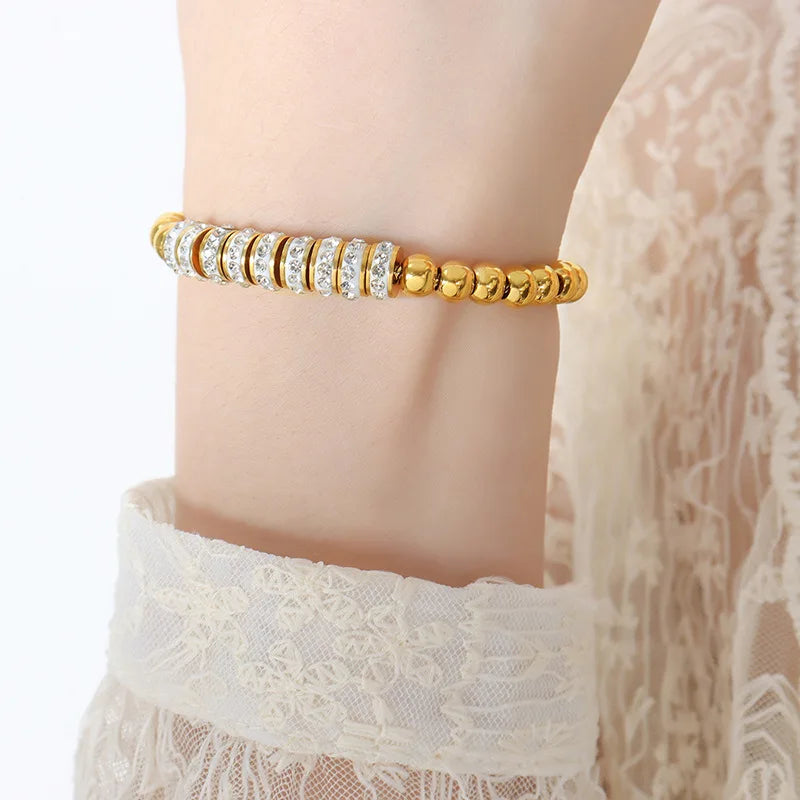 European and American Stainless Steel Chunky Beaded Rhinestone Chain Bracelet for Women Men